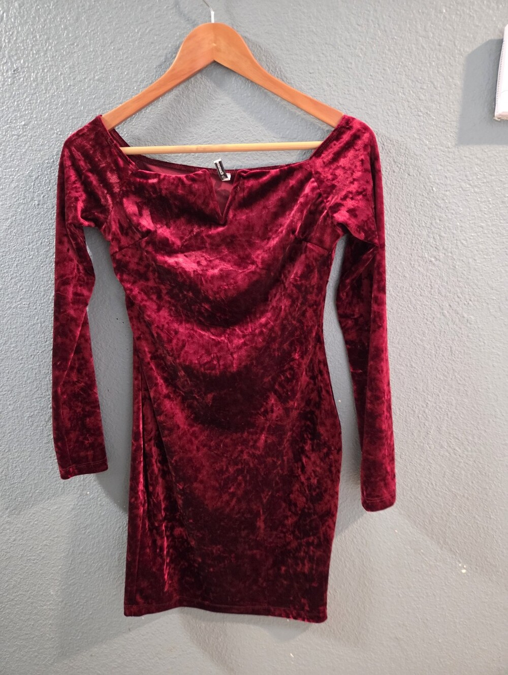 Velvet Off-Shoulder Long Sleeve Dress in Burgundy- Small